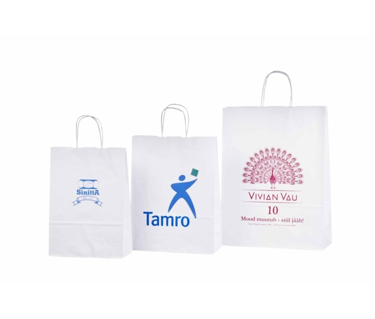 Trükiga valged paberkotid on valmistatud kraftpaberist