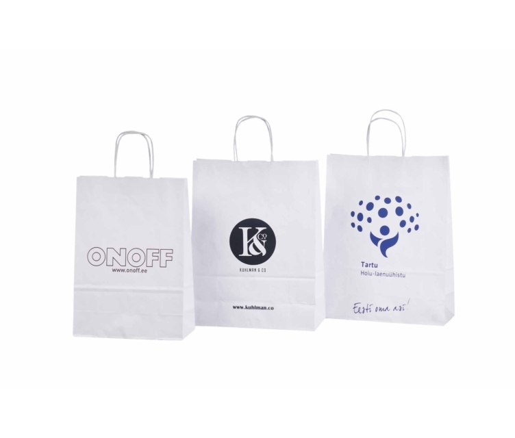 Reklaamkingituse pakkimiseks sobivad valged trükiga paberkotid