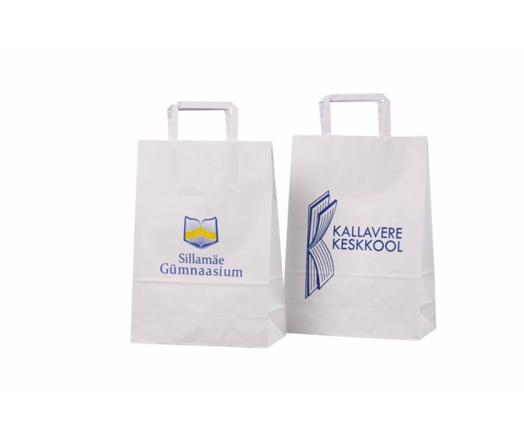 Personaalse trükiga valged paberkotid lamesangadega