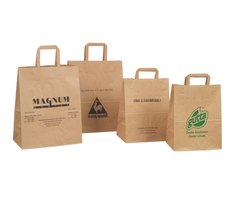 Personaliseeritud trükiga jõupaberist lamesangadega kotid