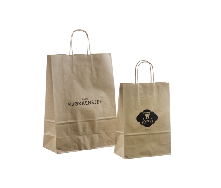 Pruunid kraftpaberist nöörsangadega paberkotid trükiga