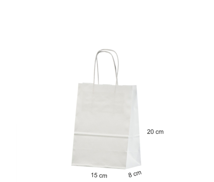 Valge paberkott mõõtudega 15x8x20 cm
