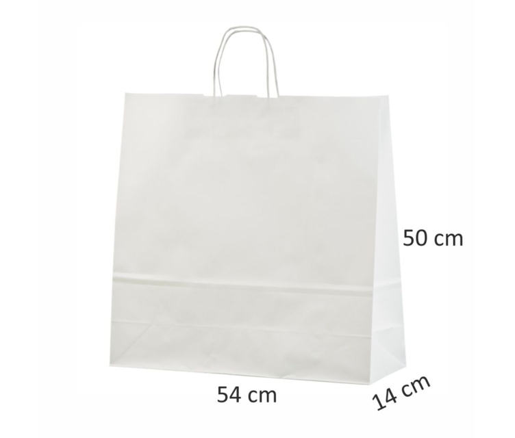Valge paberkott mõõtudega 54x14x50 cm