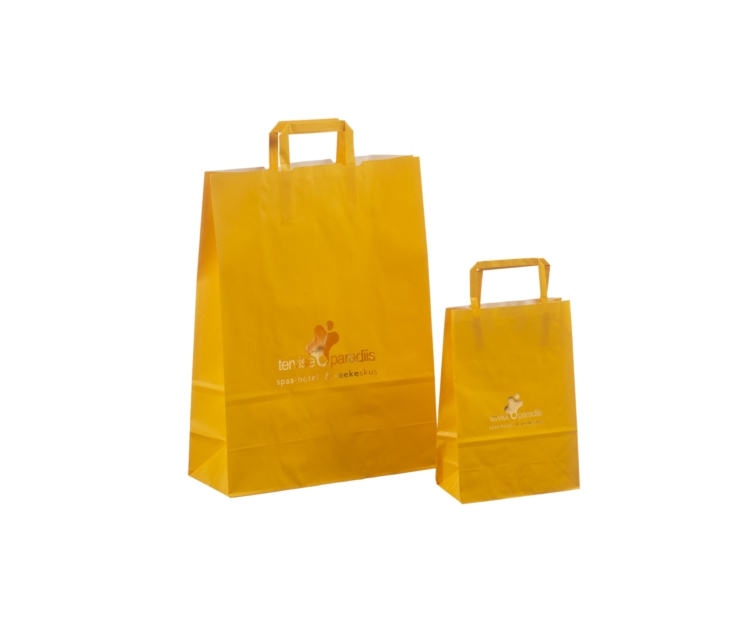 Trükiga oranžid paberkotid lamesangadega