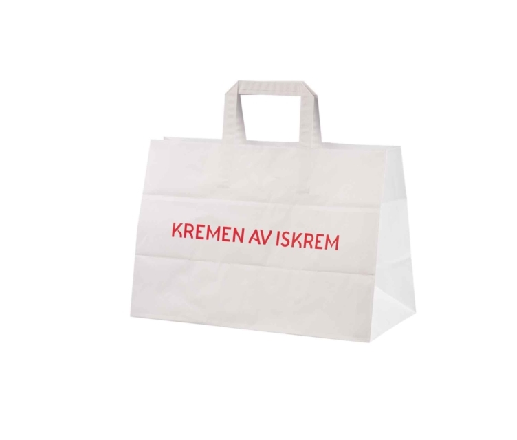 Valge logo trükiga take away paberkott mõõtudega 35x17x24,5 cm