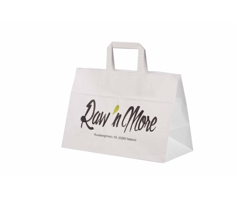 Valge take away paberkott mõõtudega 35x17x24,5 cm logoga