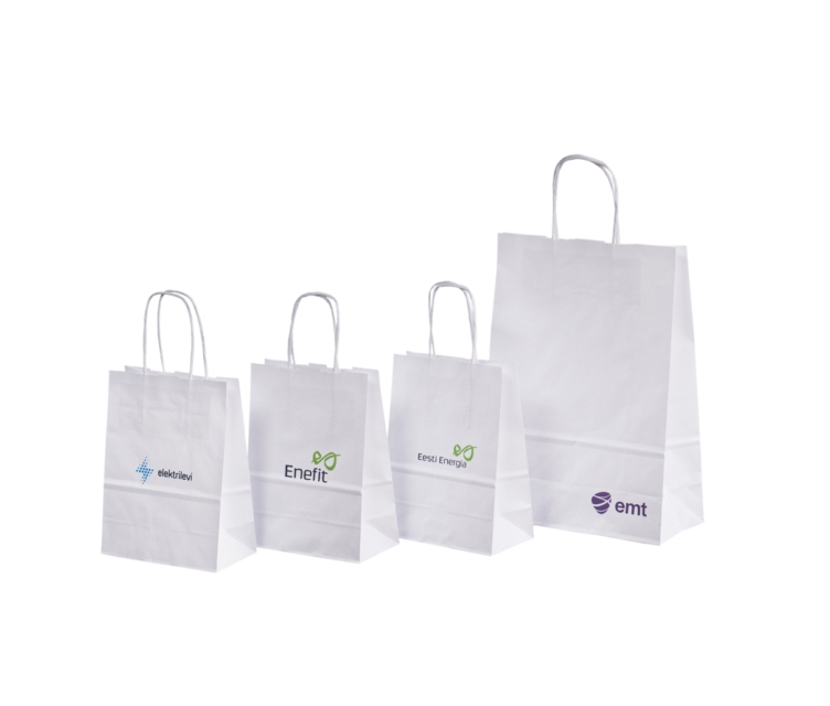 Valged nöörsangadega paberkotid logoga