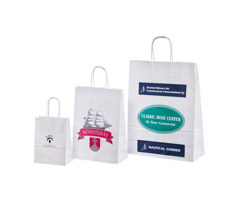 Valged nöörsangadega paberkotid trõkitud logoga