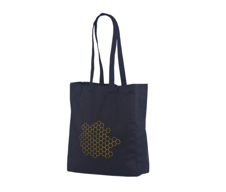 Musta värvi küljevoldiga riidest kott logo trükiga