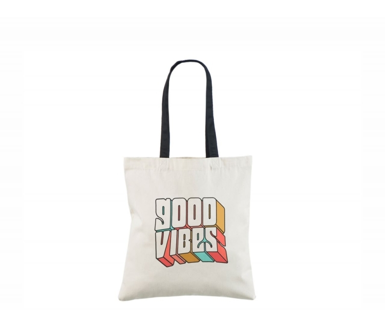 Musta värvi sangadega puuvillasest riidest kott trükiga