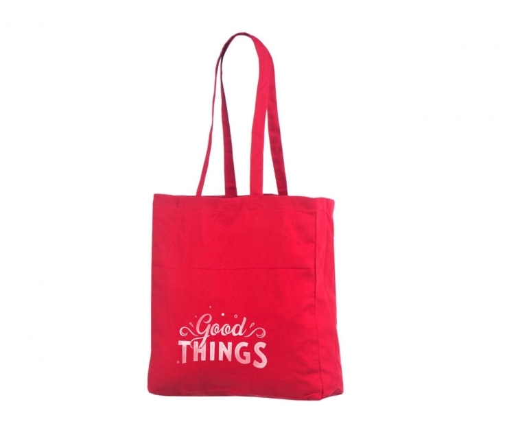 Punast värvi küljevoldiga riidest kott logo peale trükiga