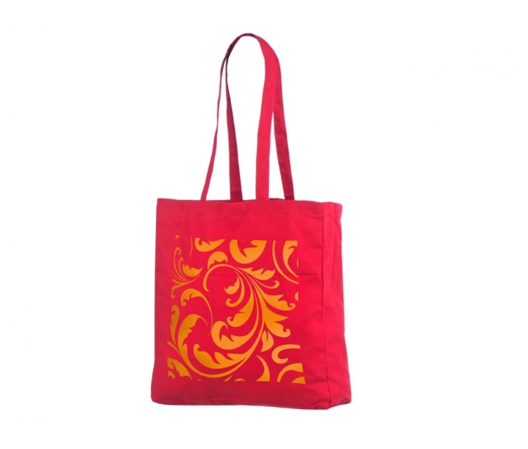 Punast värvi küljevoldiga riidest kott trükiga