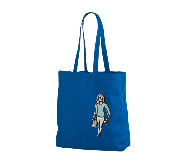 Sinist värvi küljevoldiga riidest kott logo peale trükiga