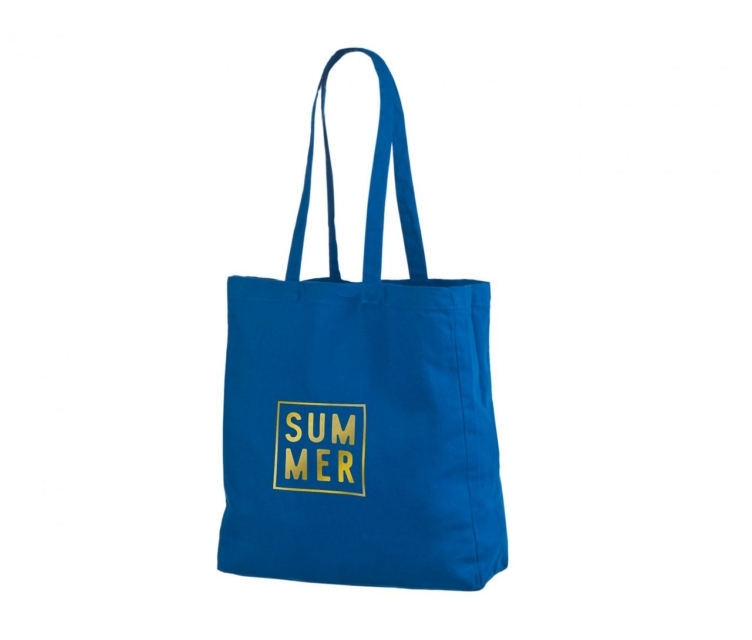 Sinist värvi küljevoldiga riidest kott logo trükiga