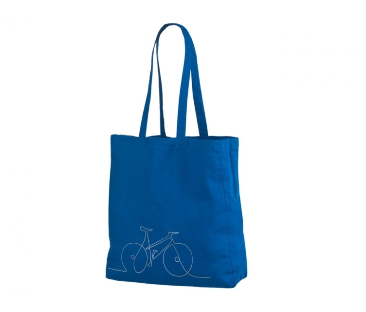 Sinist värvi küljevoldiga riidest kott trükiga