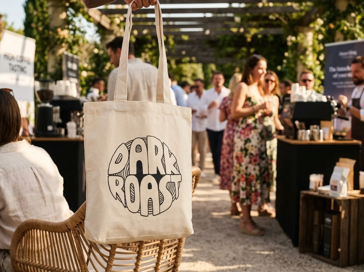 Logoga riidekott lähivaates