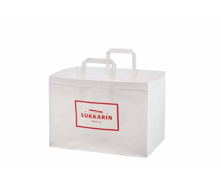 Valge prindiga take away paberkott mõõtudega 35x17x24,5 cm