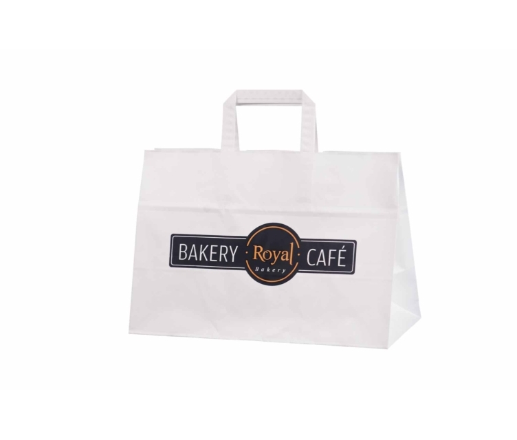 Valge trükiga take away paberkott mõõtudega 35x17x24,5 cm