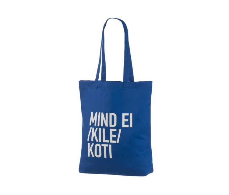 Sinist värvi riidest kottenda logoga